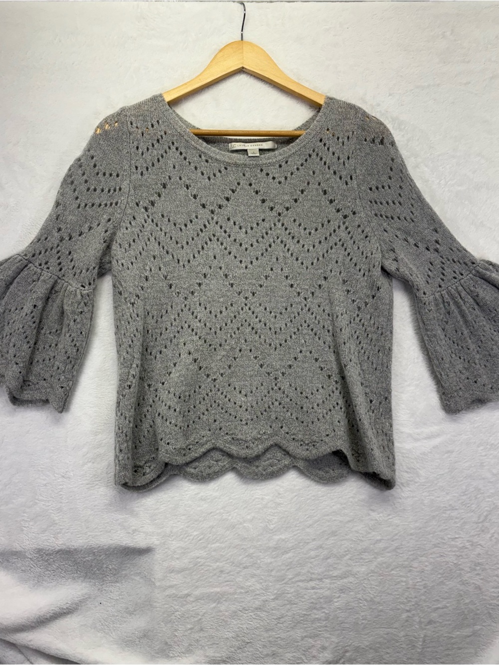 LC Lauren Conrad Gray Eyelet Scoop Neck Sweater with Scalloped Hem